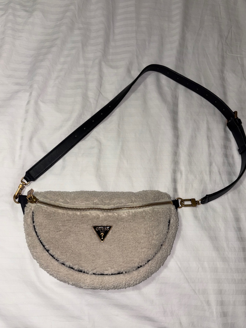GUESS Vikky Sherpa Belt Bag with Black Strap